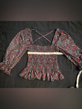 Topshop Black Floral Smocked Peplum Top with Red Accents
